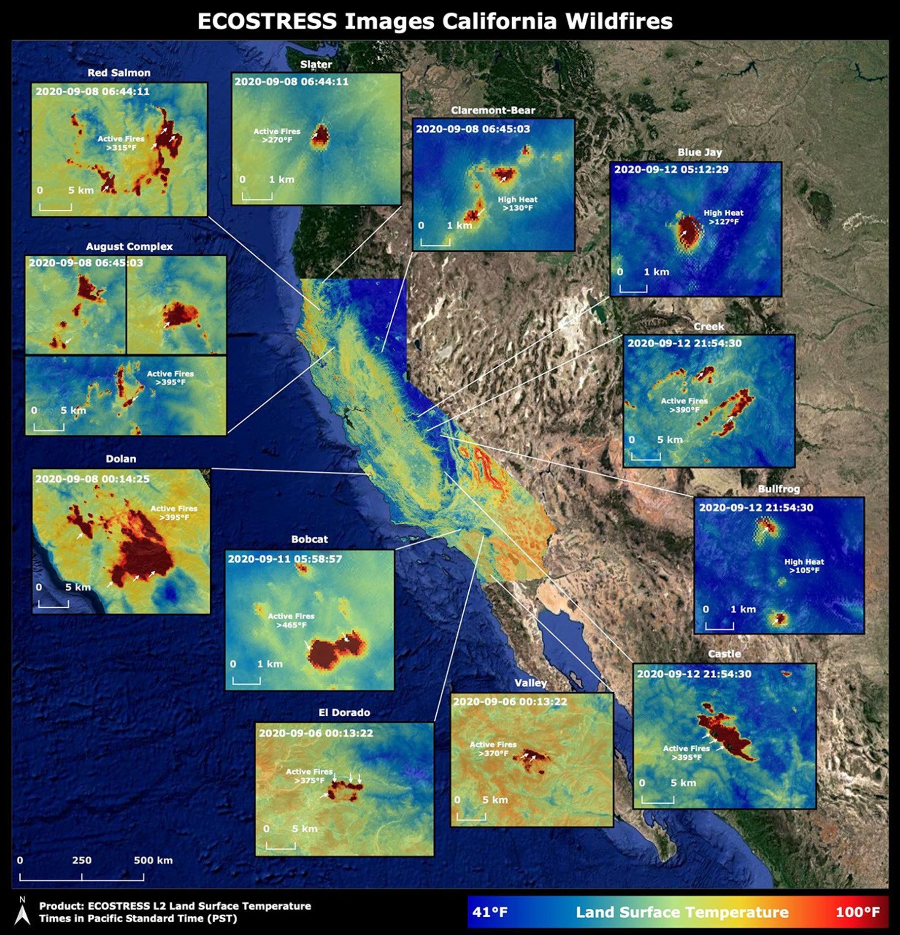 Throughout the month of September 2020, NASA's ECOsystem Spaceborne Thermal Radiometer Experiment on Space Station (ECOSTRESS) imaged multiple wildfires across the state of California.