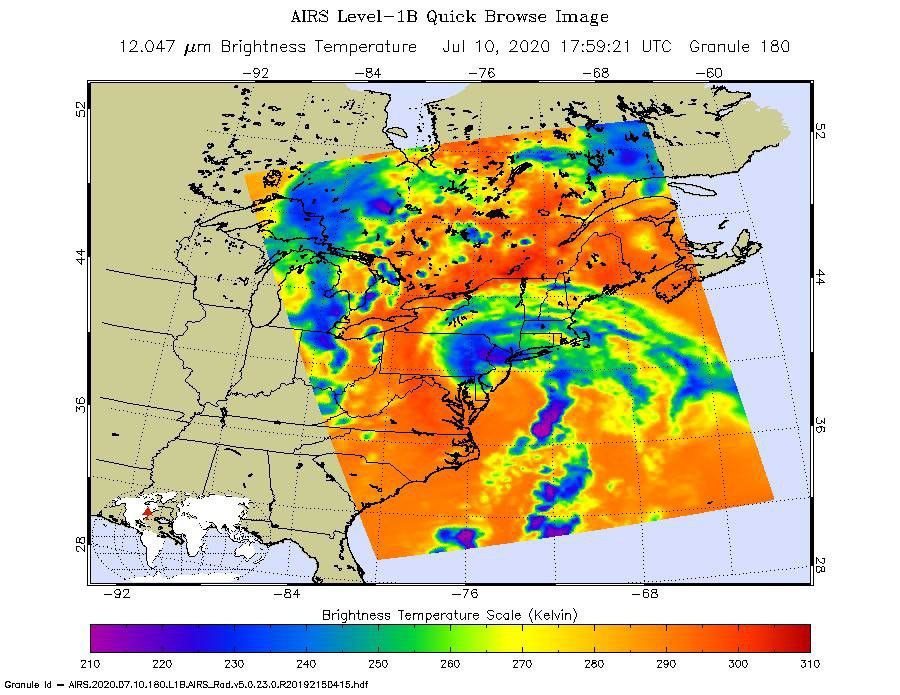 NASA's AIRS instrument captured this image of Tropical Storm Fay around 2 p.m. local time on July 10, 2020, as the storm swept through New England.