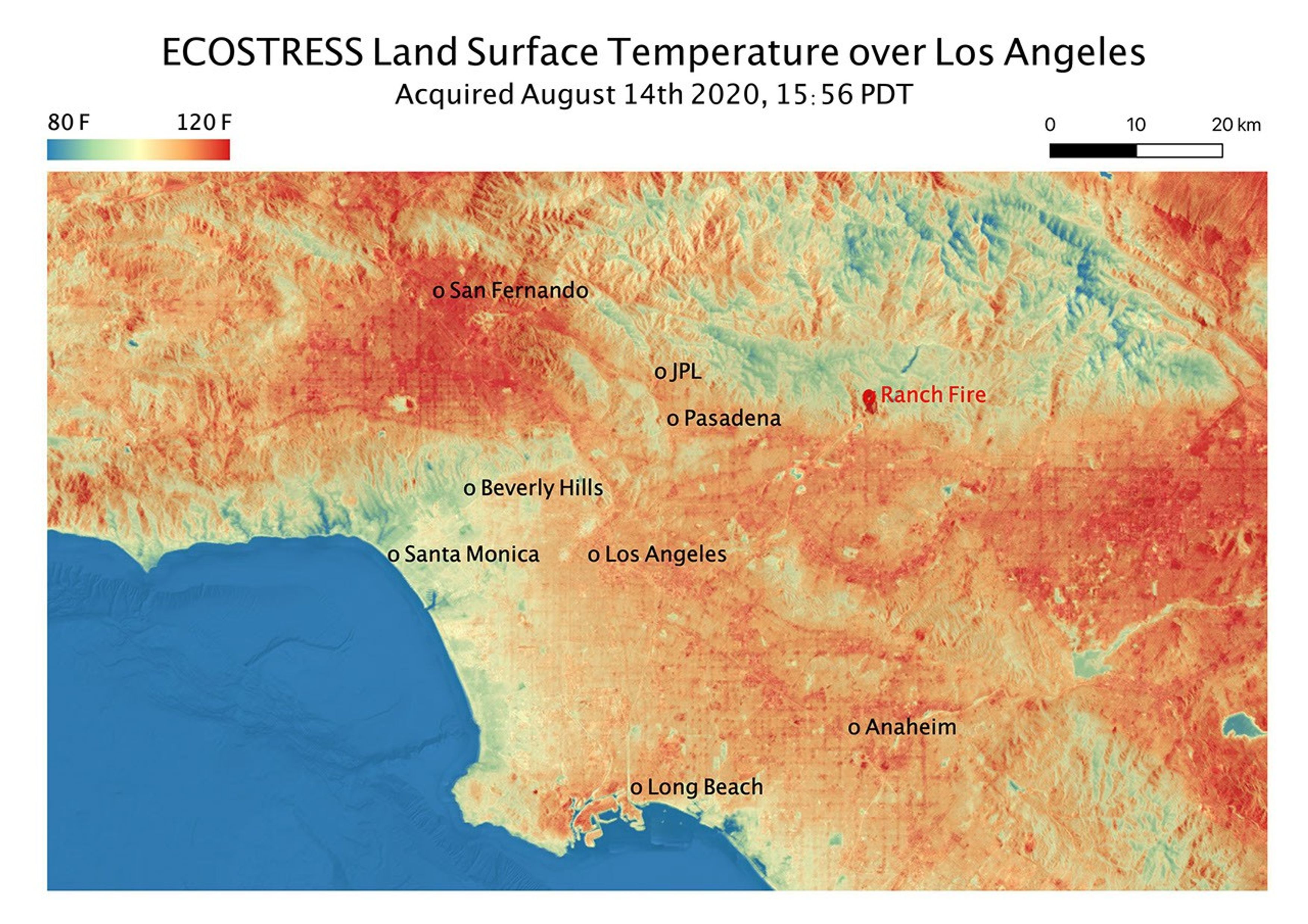 This ECOSTRESS temperature map shows the land surface temperatures throughout Los Angeles County on Aug. 14, 2020, during a heat wave.