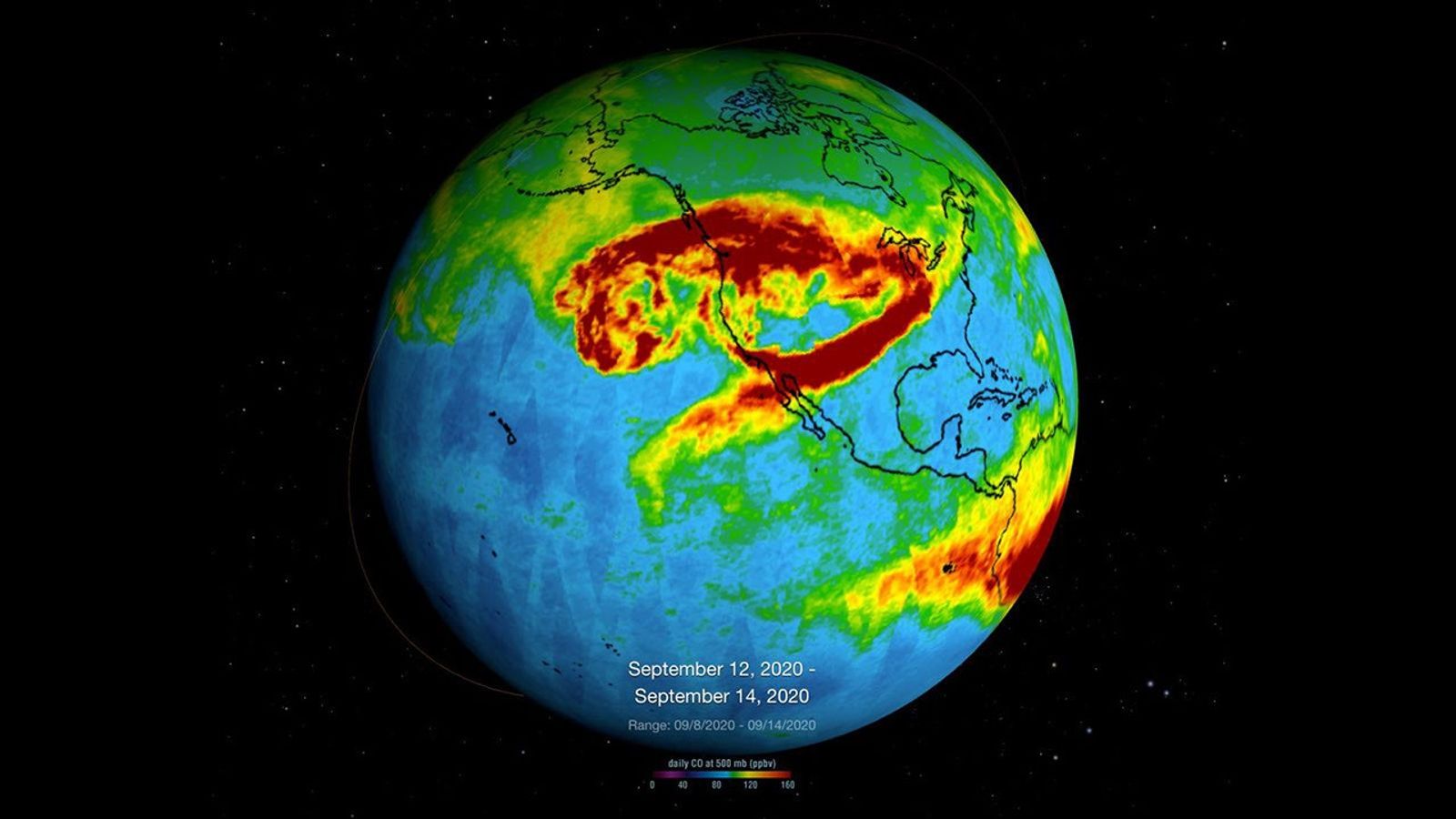 This visualization shows a three-day average of carbon monoxide concentrations, from Sept. 6 to14, in the atmosphere over California due to wildfires. Higher concentrations of the gas appear as red and orange regions.