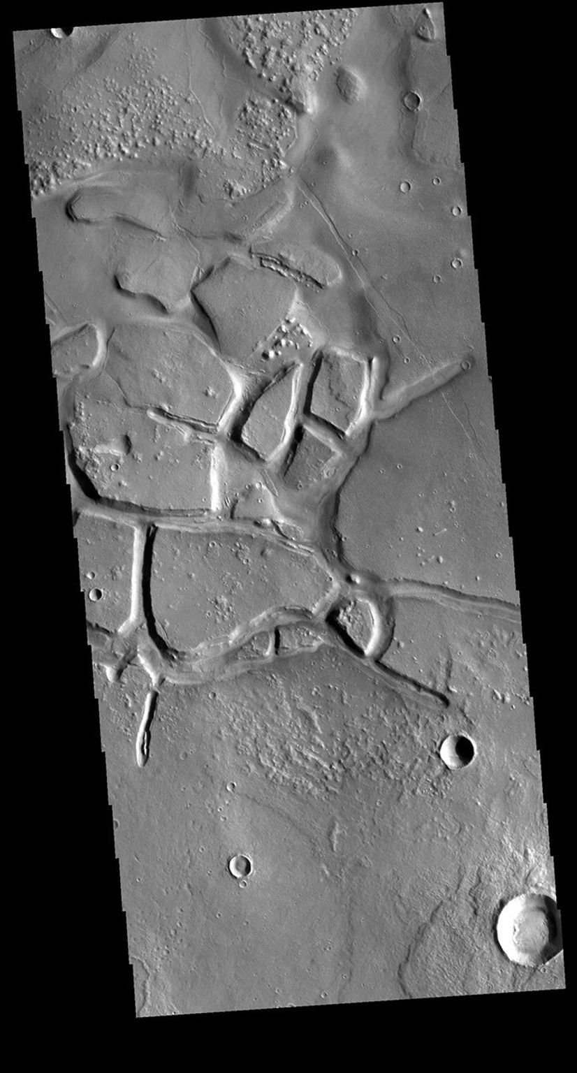 This image from NASA's Mars Odyssey shows Galaxias Chaos, located on the northern border of the Elyisum volcanic complex.
