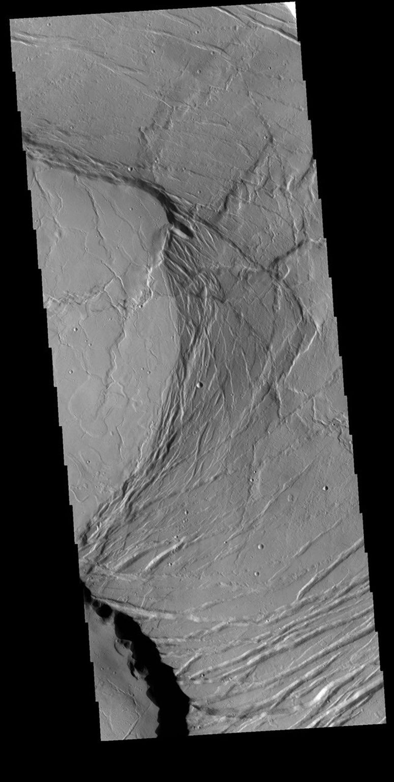 This image from NASA's Mars Odyssey shows part of the summit caldera of Olympus Mons.