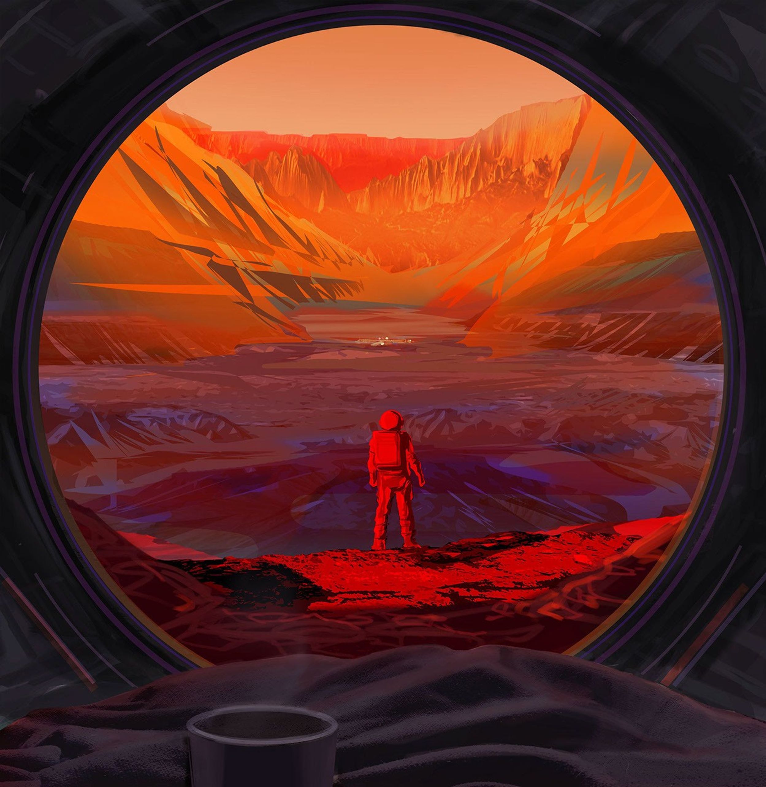 This illustration shows an astronaut on Mars, as viewed through the window of a spacecraft.