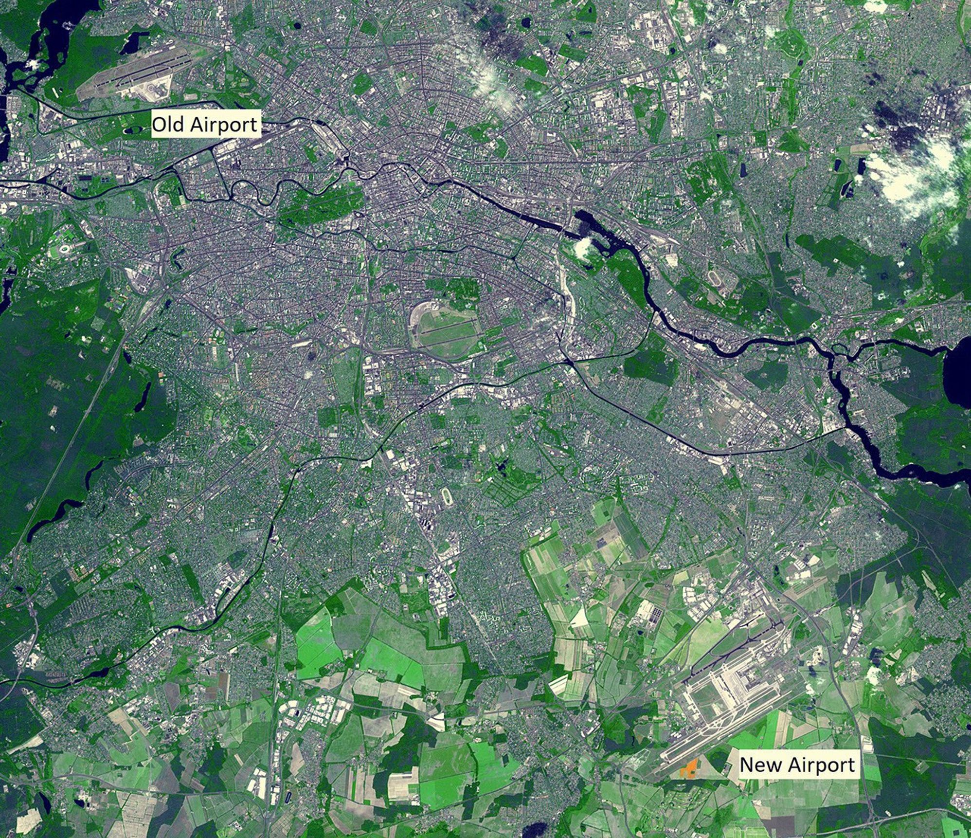 NASA's Terra spacecraft shows Berlin's old Tegel airport, soon to be replaced in by a new airport, Berlin-Brandenburg, located 19 km southeast of the city in Sch&ouml;nefeld.