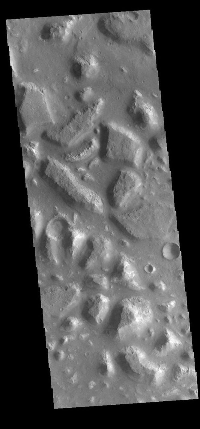 This image from NASA's Mars Odyssey shows part of Ariadnes Colles. The term colles means hills or knobs.
