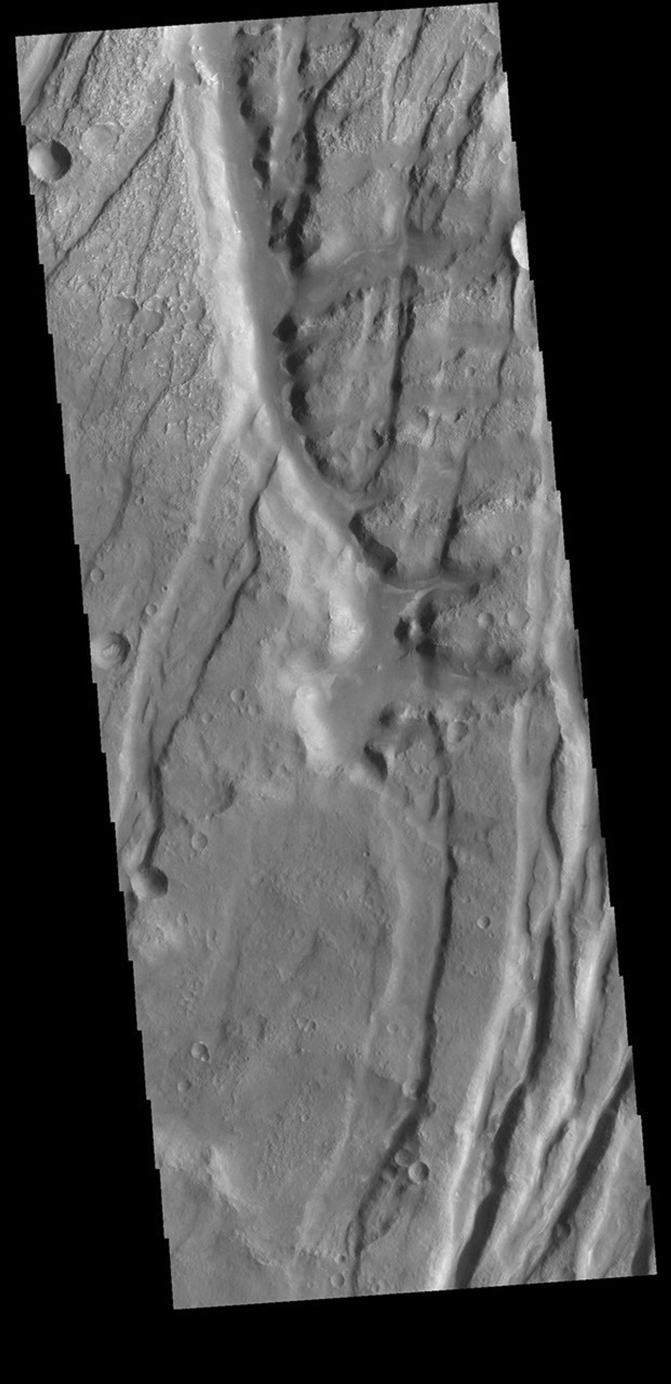 This image from NASA's Mars Odyssey shows Claritas Fossae, a graben filled highland, located between the lava plains of Daedalia Planum and Solis Planum.