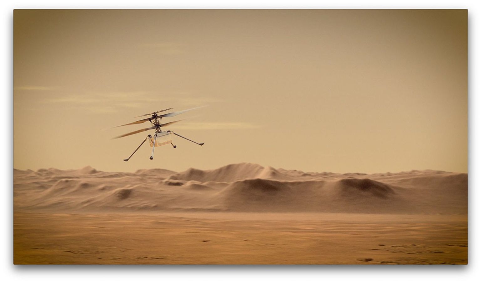 An artist's concept of NASA's Ingenuity Mars Helicopter flying through the Red Planet's skies.