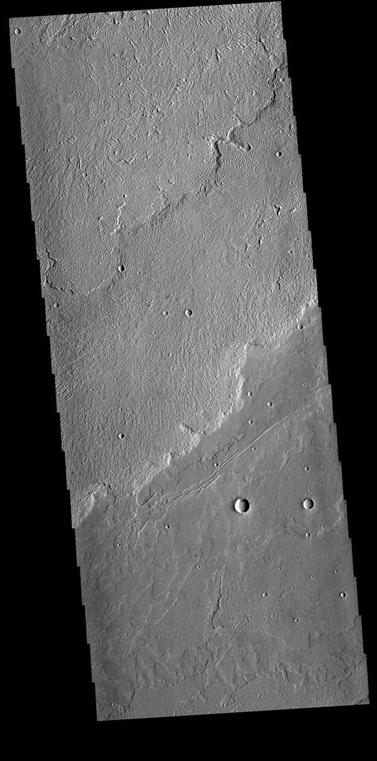 This image from NASA's Mars Odyssey shows a small portion of the immense lava flows that originated from Arsia Mons.
