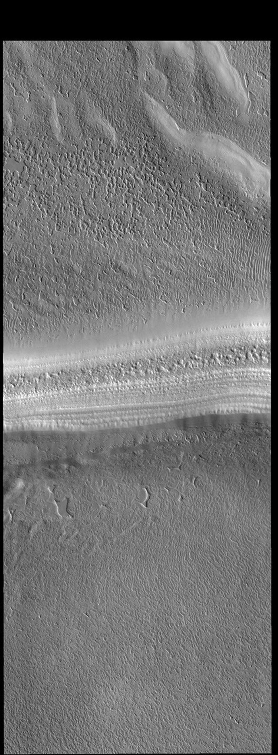 This image from NASA's Mars Odyssey shows the South Polar Cap. A trough crosses the center of the image, showing the layered nature of the cap ice.