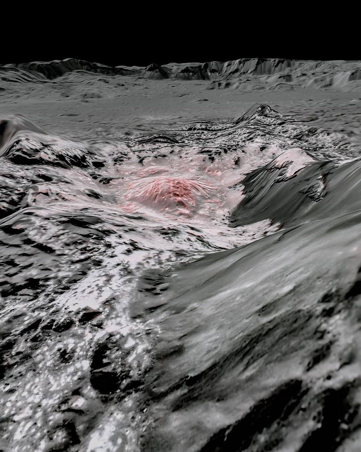 NASA's Dawn spacecraft captured pictures, which were combined to create this false-color view of a region in Occator Crater on the dwarf planet Ceres.