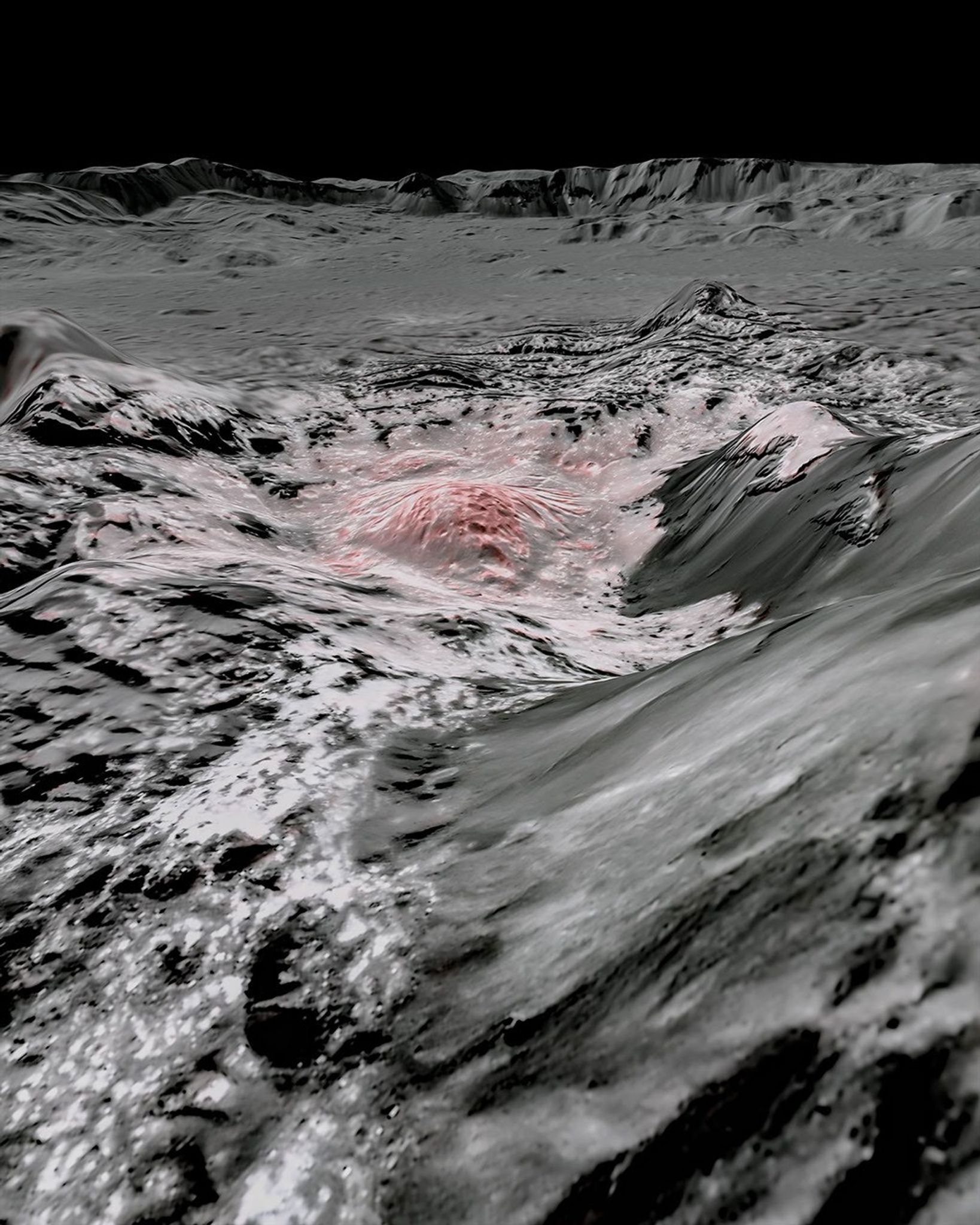 NASA's Dawn spacecraft captured pictures, which were combined to create this false-color view of a region in Occator Crater on the dwarf planet Ceres.