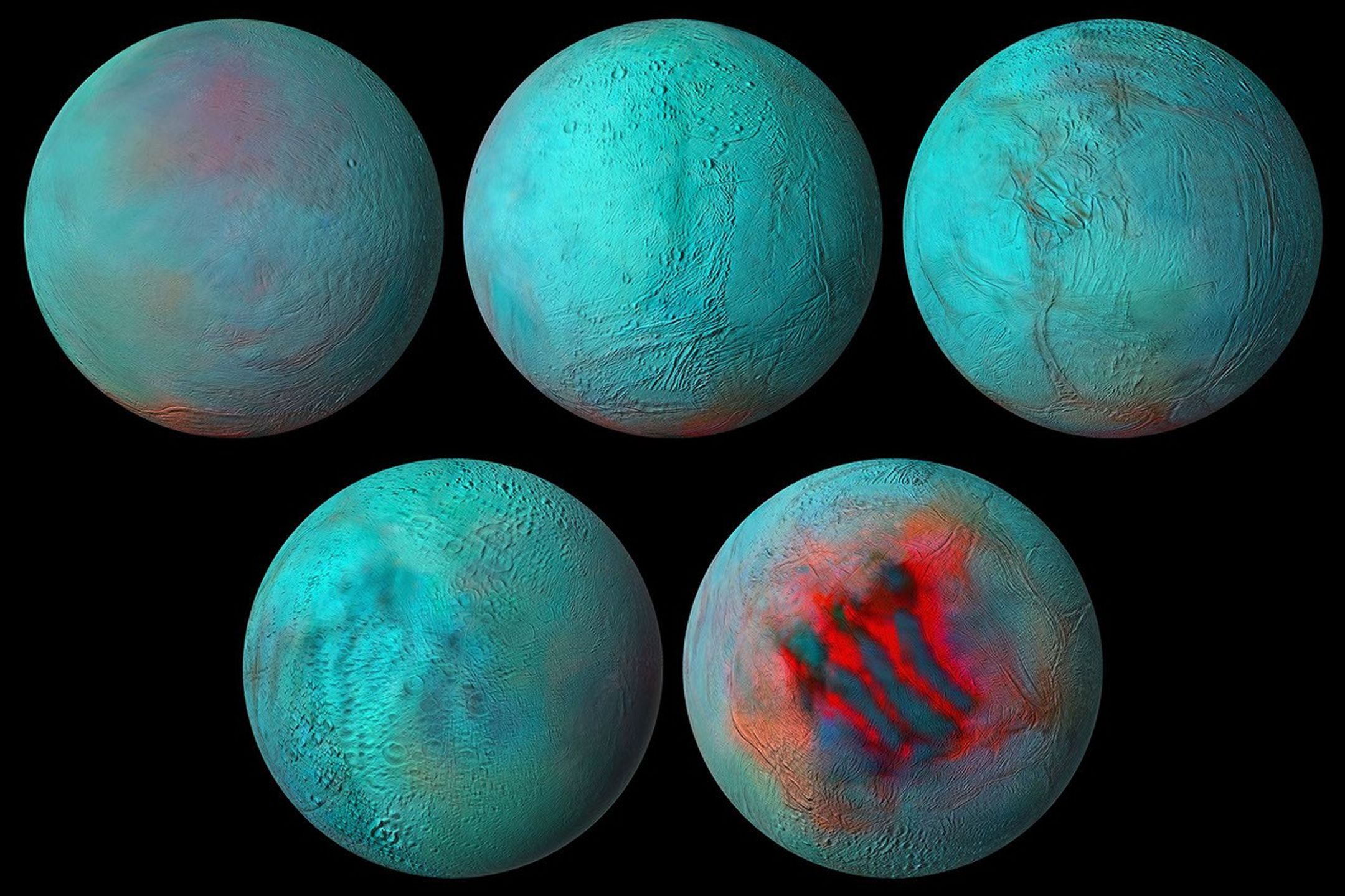 New composite images made from NASA's Cassini spacecraft data are the most detailed global infrared views ever produced of Saturn's moon Enceladus.