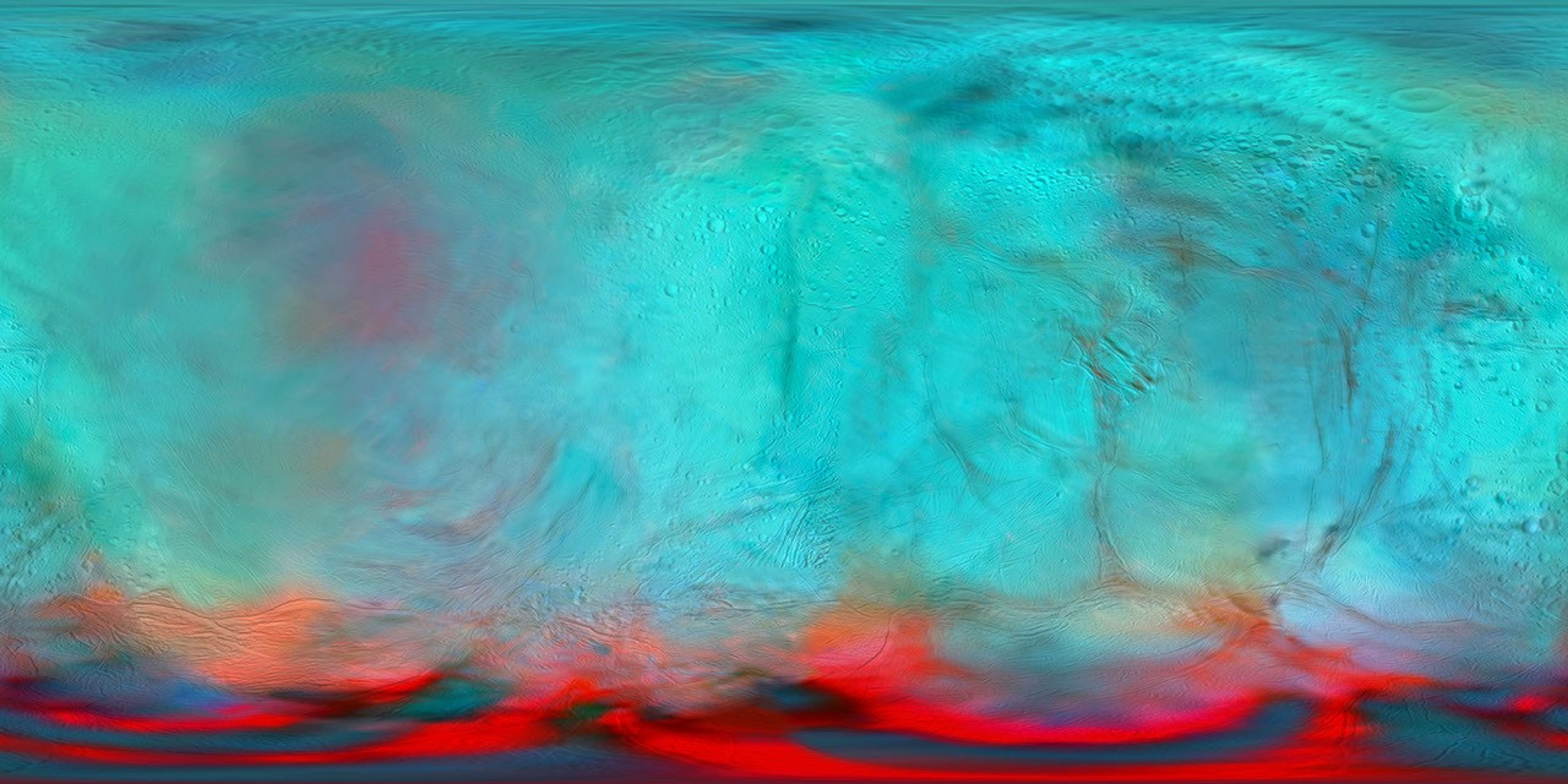 This infrared global map of Saturn's icy moon Enceladus was created using images acquired by NASA's Cassini spacecraft.