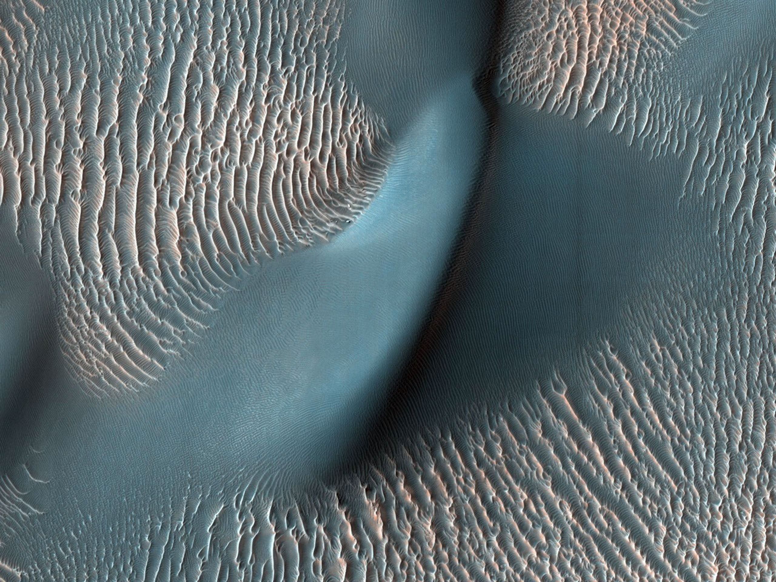 The High Resolution Imaging Science Experiment (HiRISE) camera aboard NASA's Mars Reconnaissance Orbiter captured these sand ripples and the large dune (at center) on Feb. 9, 2009.