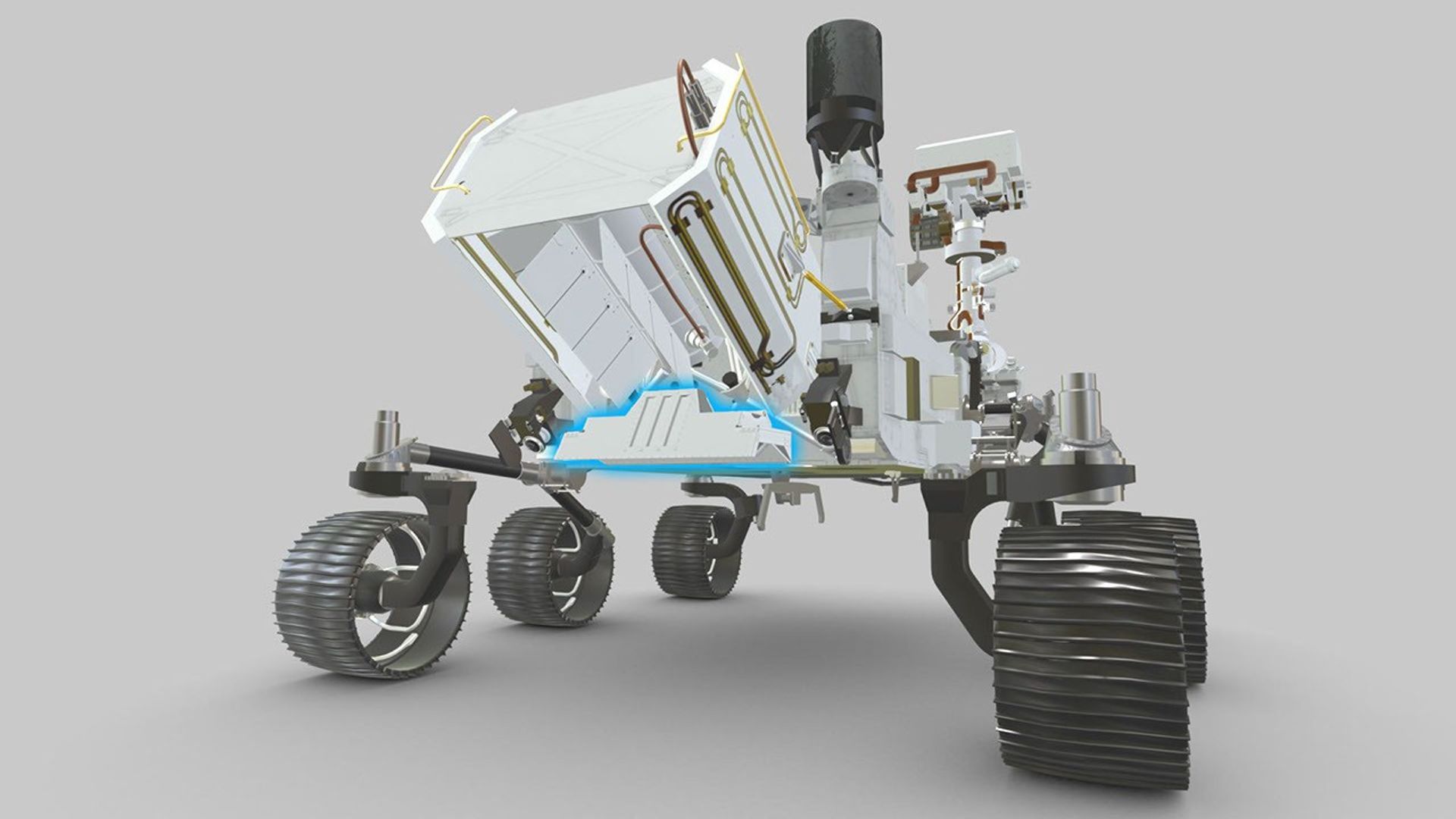 Highlighted in blue in this visualization, the RIMFAX instrument's antenna is externally mounted underneath the MMRTG (the rover's nuclear battery) on the back of Perseverance.