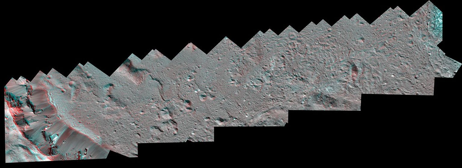 This Dawn stereo anaglyph of Occator Crater on Ceres shows impact melt deposits in the southeastern part of the 57-mile (92-kilometer) diameter crater.