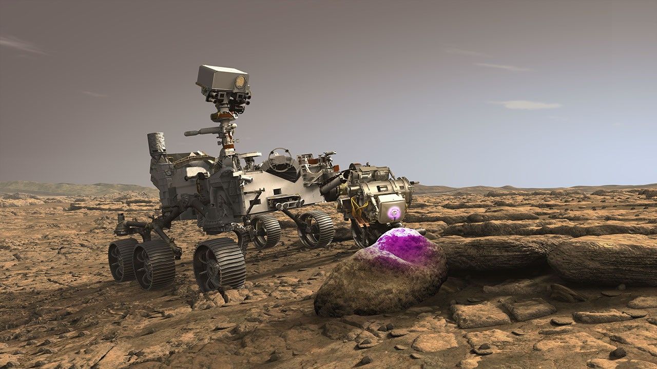 In this illustration, NASA's Perseverance Mars rover uses the Planetary Instrument for X-ray Lithochemistry (PIXL), which will help search for signs of ancient microbial life in rocks.