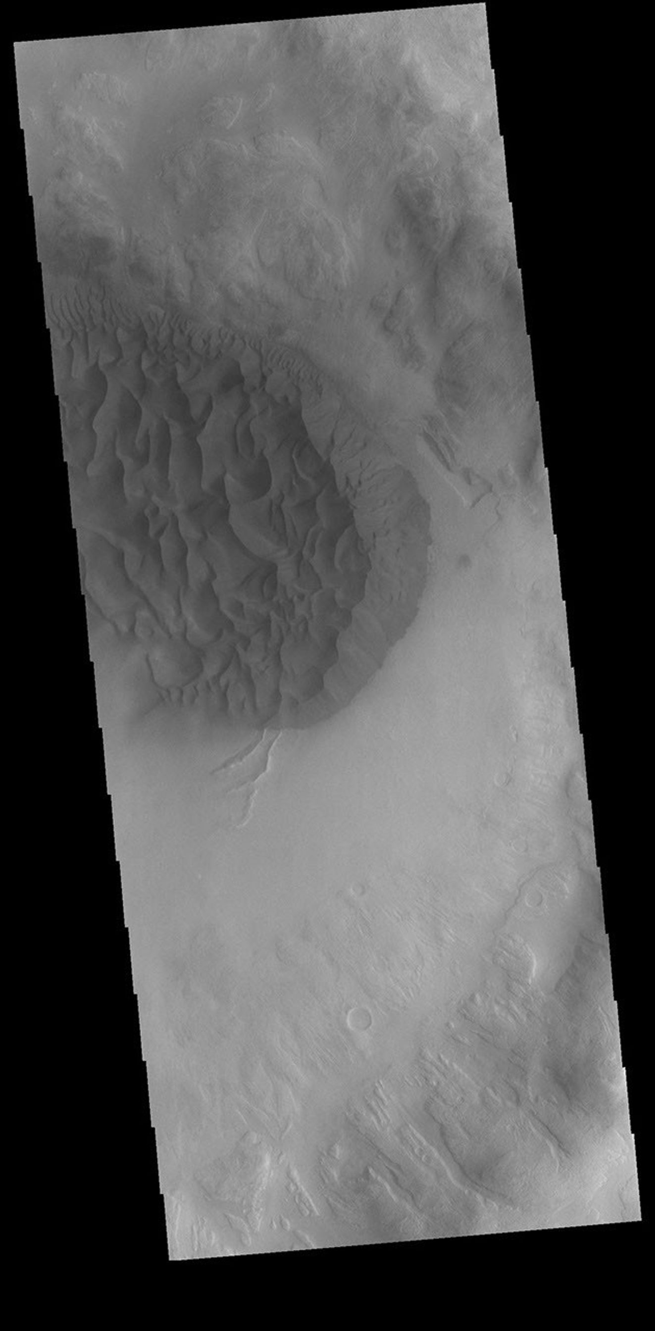 This image from NASA's Mars Odyssey shows a sand sheet with surface dune forms on the floor of an unnamed crater in Noachis Terra.