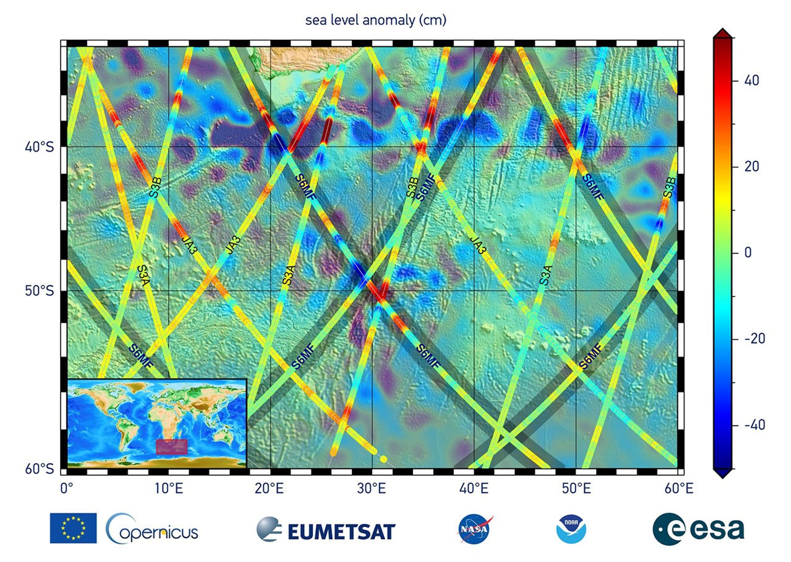 The data in this graphic are the first sea surface height measurements from the Sentinel-6 Michael Freilich satellite (S6MF), which launched Nov. 21, 2020.