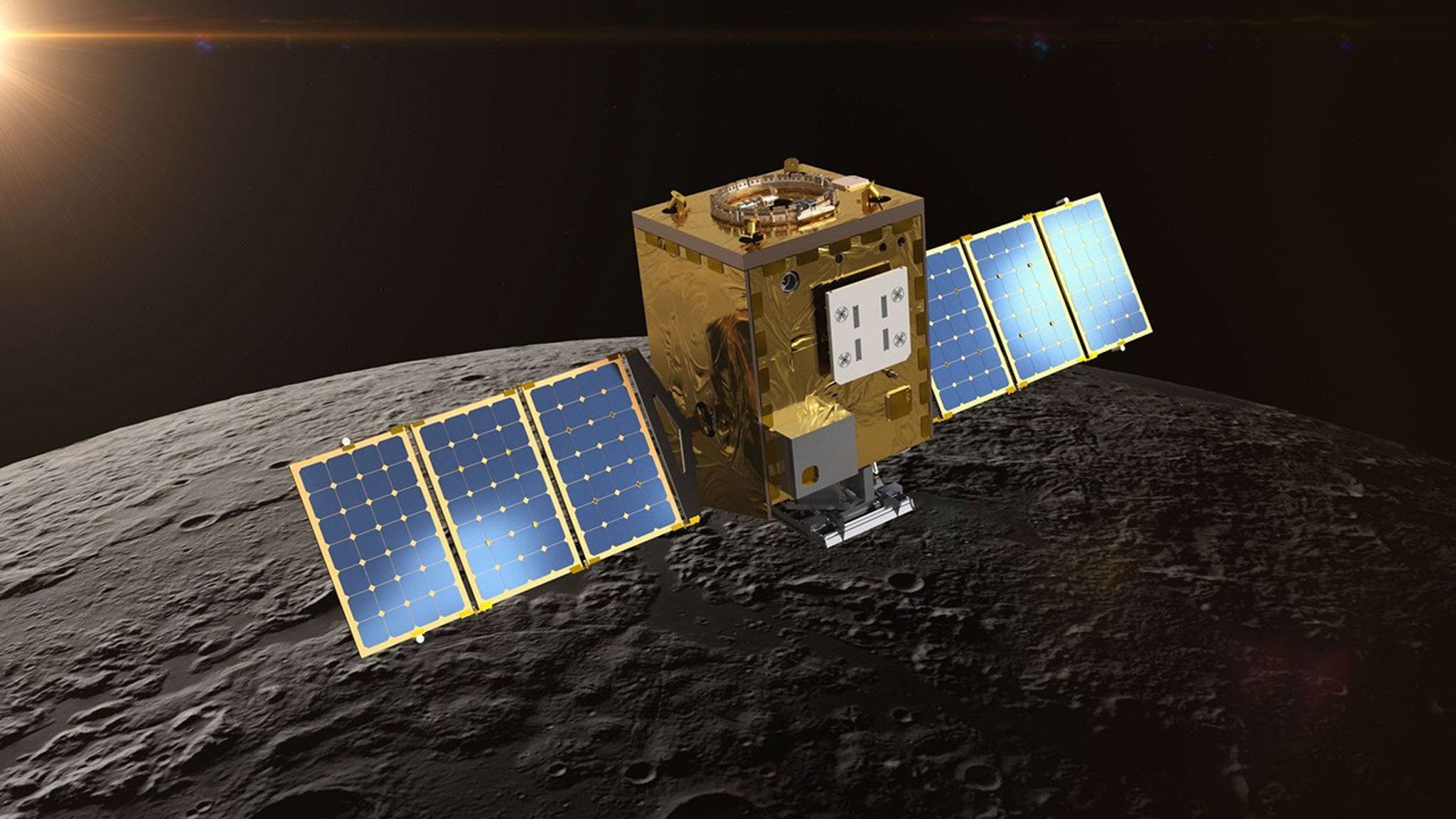 An artist's concept of a gold spacecraft with its black and gold solar wings extended orbits the Moon.