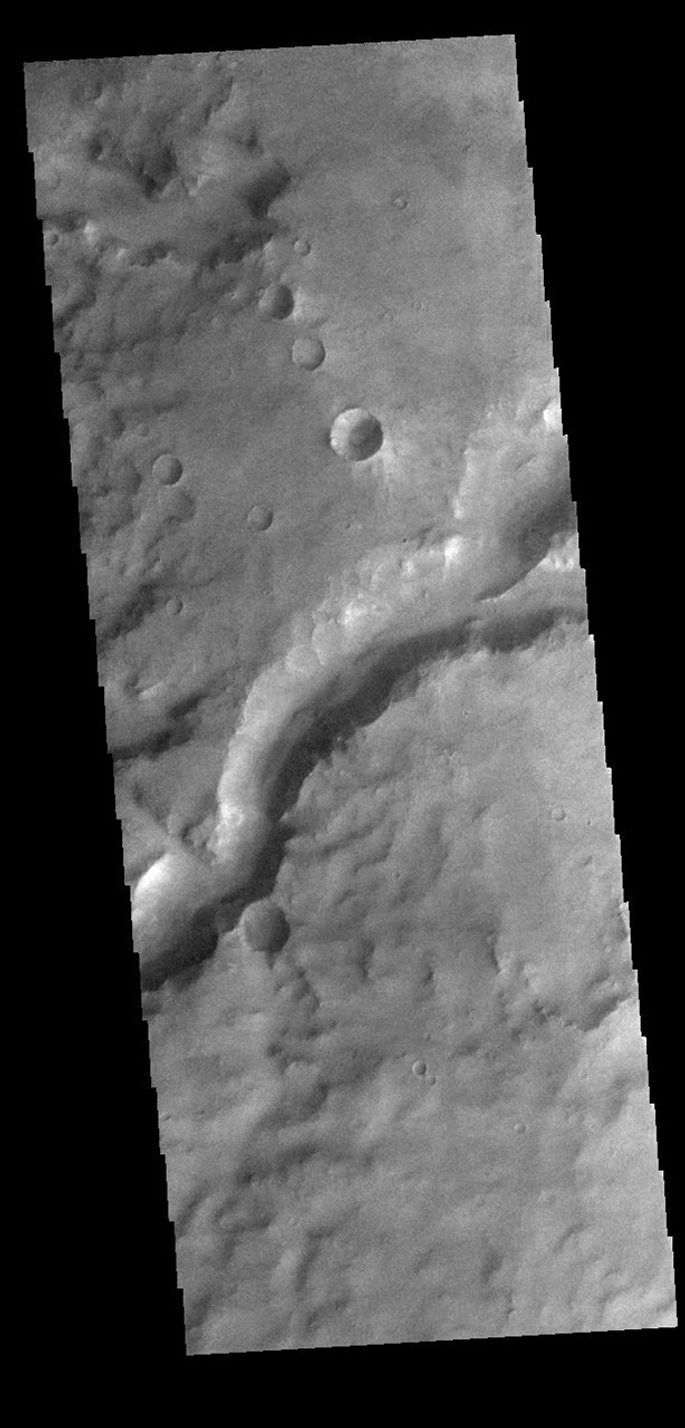 This image from NASA's Mars Odyssey shows a section of an unnamed channel in Arabia Terra. This channel empties into Madler Crater.