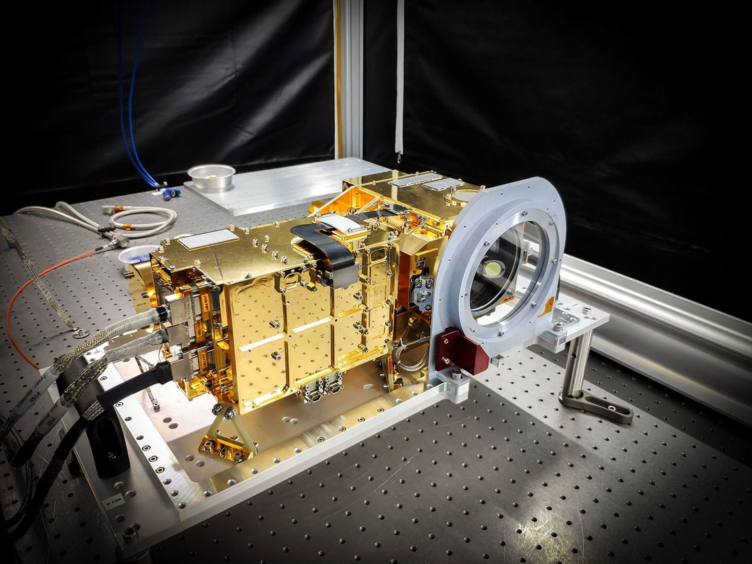 SuperCam's mast unit before being installed atop the Mars 2020 Perseverance rover's remote sensing mast.