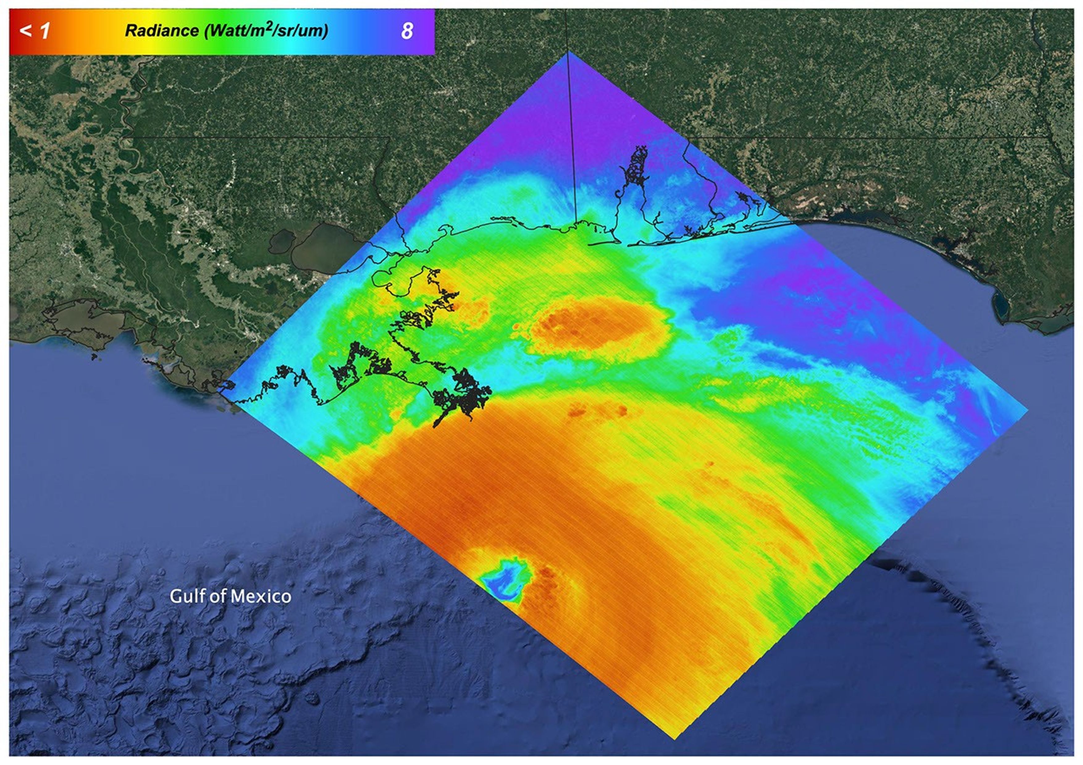 NASA's ECOSTRESS instrument produced this radiance map of Hurricane Ida making landfall in Louisiana in August, 2021.
