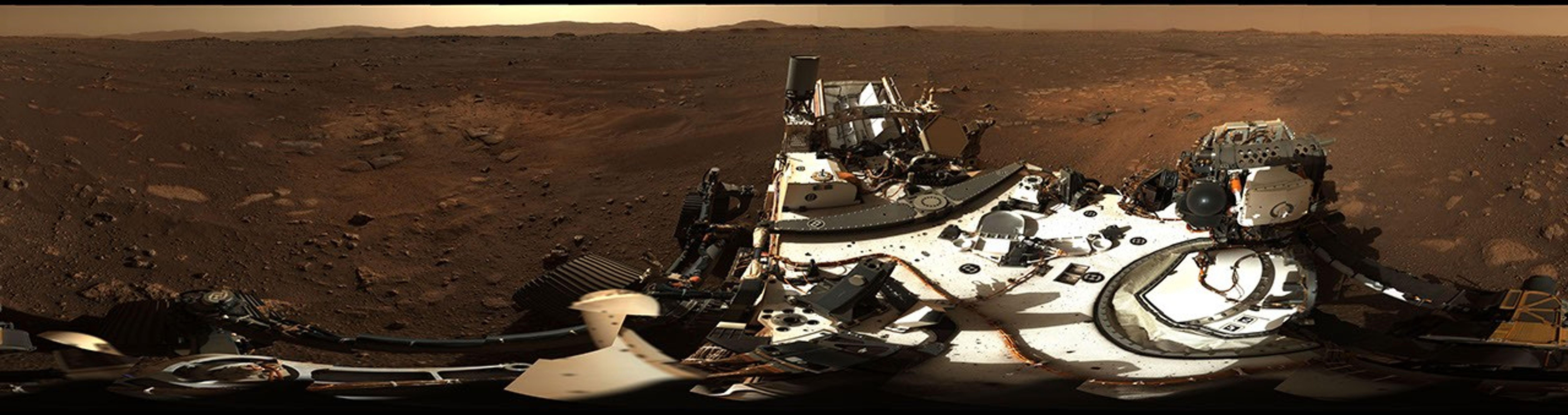 This is the first 360-degree panorama taken by Mastcam-Z, a zoomable pair of cameras aboard NASA's Perseverance Mars rover. The panorama was stitched together from 142 individual images taken on February 21, 2021.