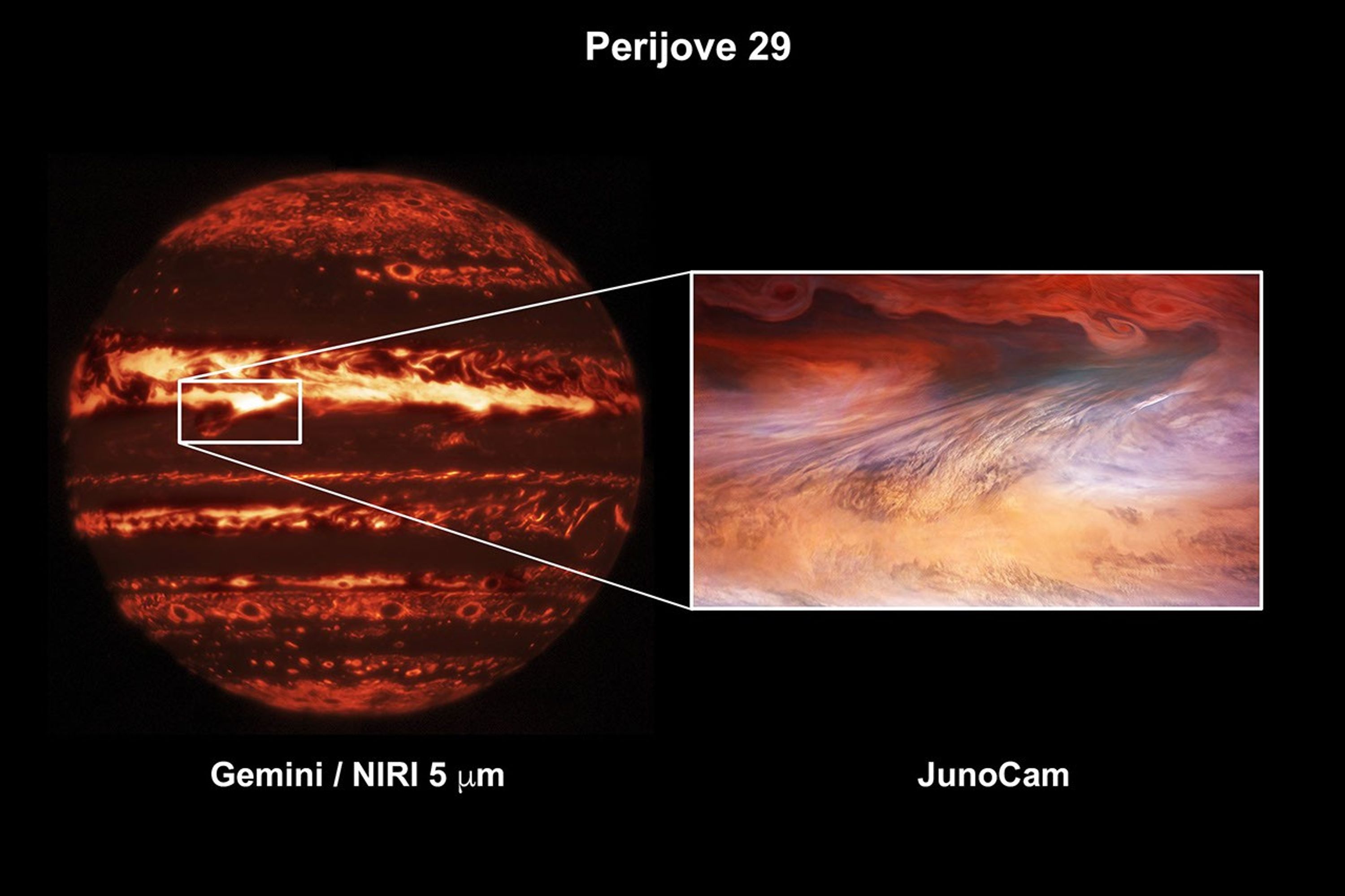 This composite image shows a hot spot in Jupiter's atmosphere during perijove 29.