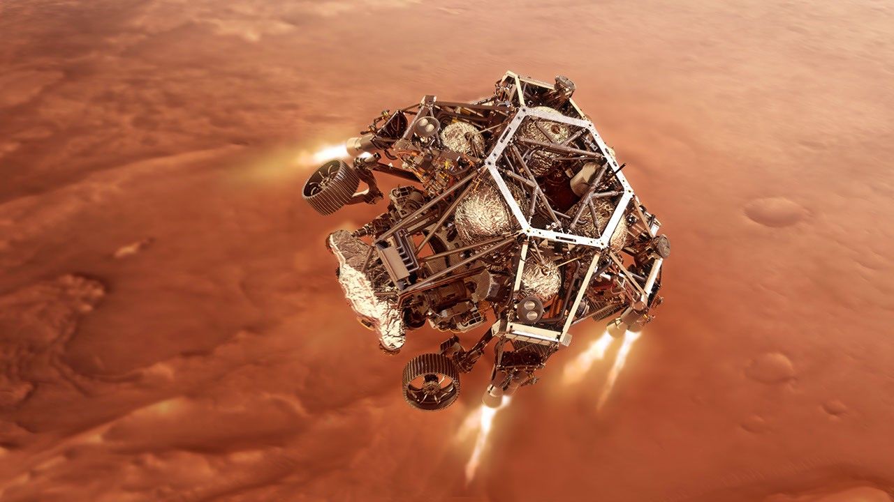 NASA's Perseverance rover fires up its descent stage engines as it nears the Martian surface in this illustration.