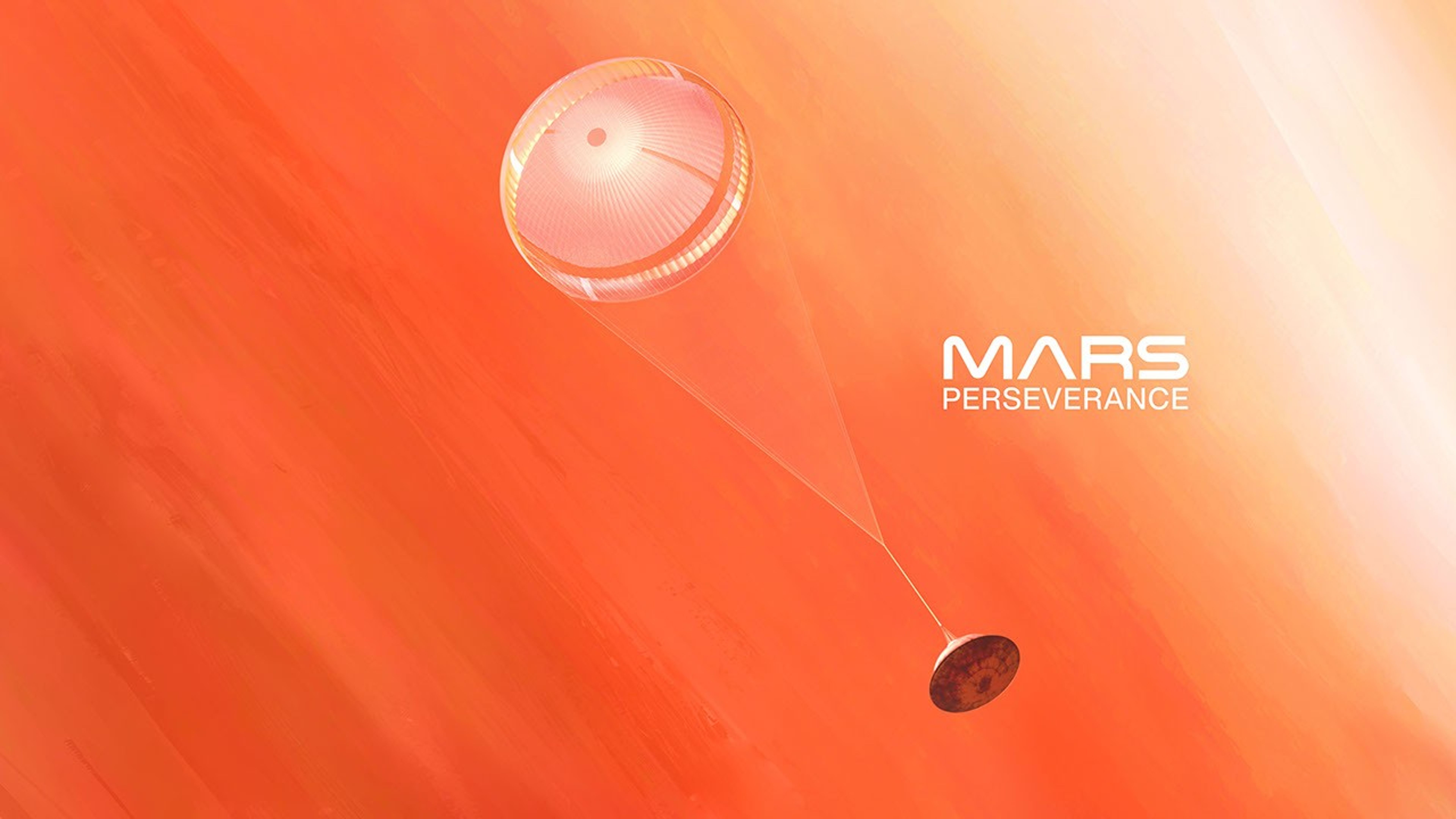 An illustration of NASA's Mars Perseverance rover deploying its supersonic parachute from its aeroshell as it slows down before landing.