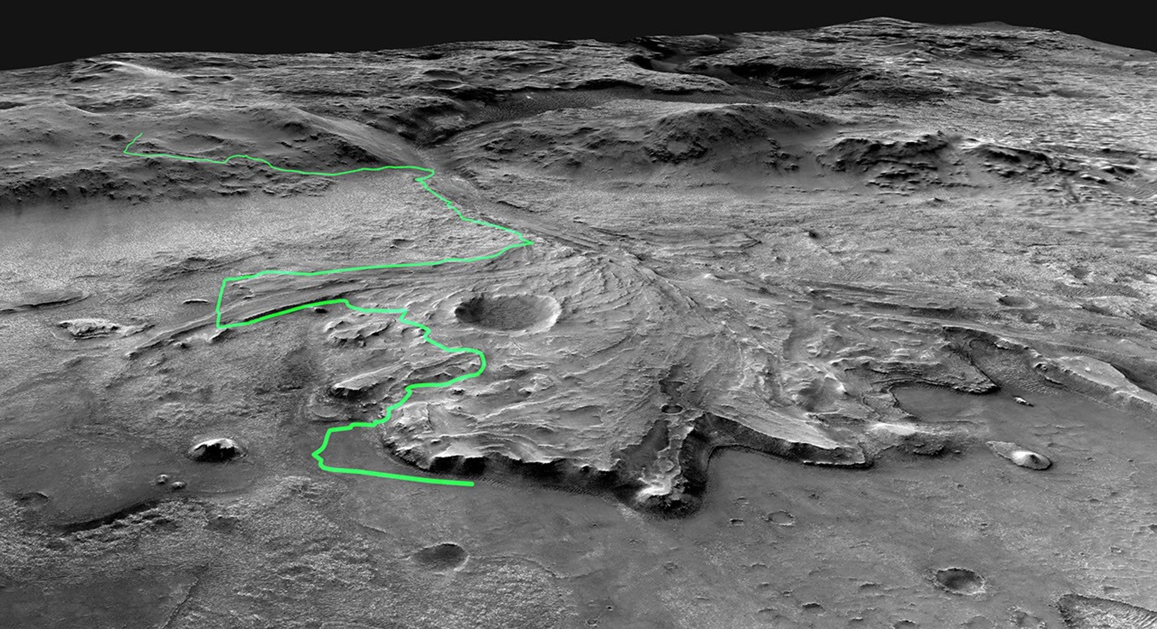 This annotated mosaic depicts a possible route the Mars 2020 Perseverance rover could take across Jezero Crater as it investigates several ancient environments that may have once been habitable.