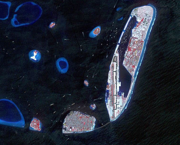 NASA's Terra spacecraft shows the Maldives nation, in the Indian Ocean. It faces an environmental threat from sea level rise. To counter this threat, the country is creating a new artificial island, Hulhumale.
