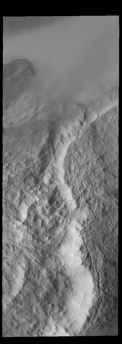 This image from NASA's Mars Odyssey shows part of McMurdo Crater. Located on the margin of the south polar cap, the layering of the ice is visible along the crater rim.