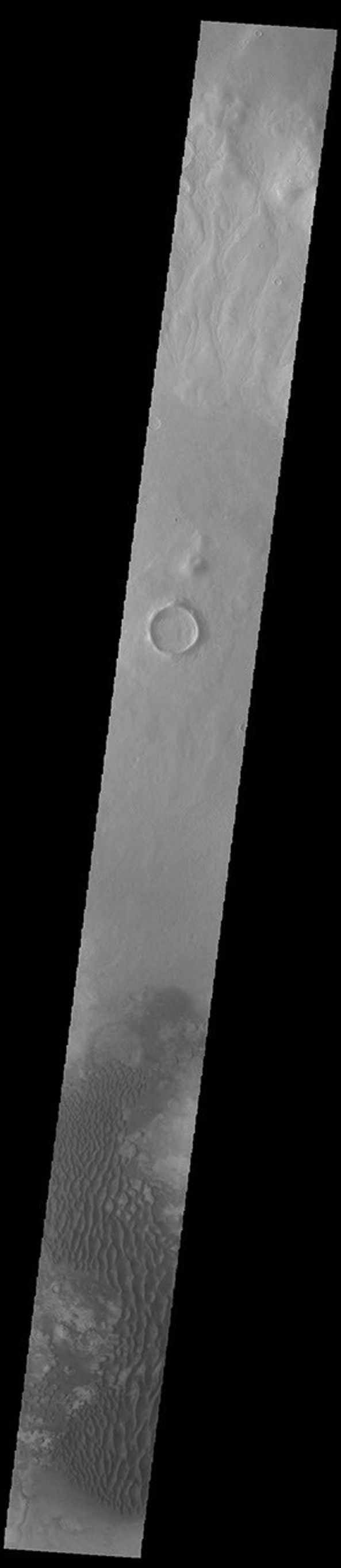 This image from NASA's Mars Odyssey shows a dune field on the floor of Kaiser Crater.