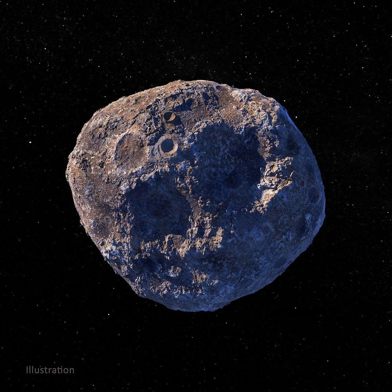 This illustration, created in March 2021, depicts the 140-mile-wide (226-kilometer-wide) asteroid Psyche, which lies in the main asteroid belt between Mars and Jupiter.