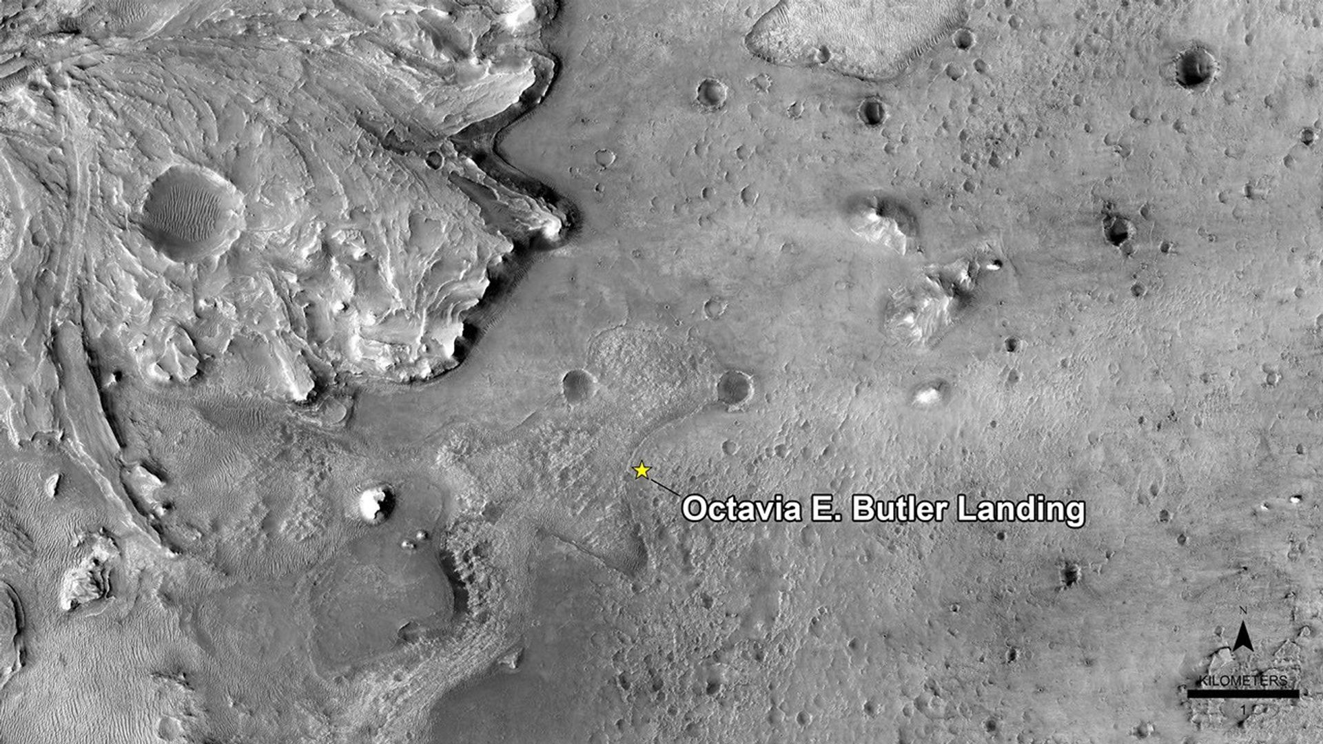 NASA has named the landing site of the agency's Perseverance rover after the science fiction author Octavia E. Butler, as seen in this image from the High Resolution Imaging Experiment camera aboard NASA's Mars Reconnaissance Orbiter.