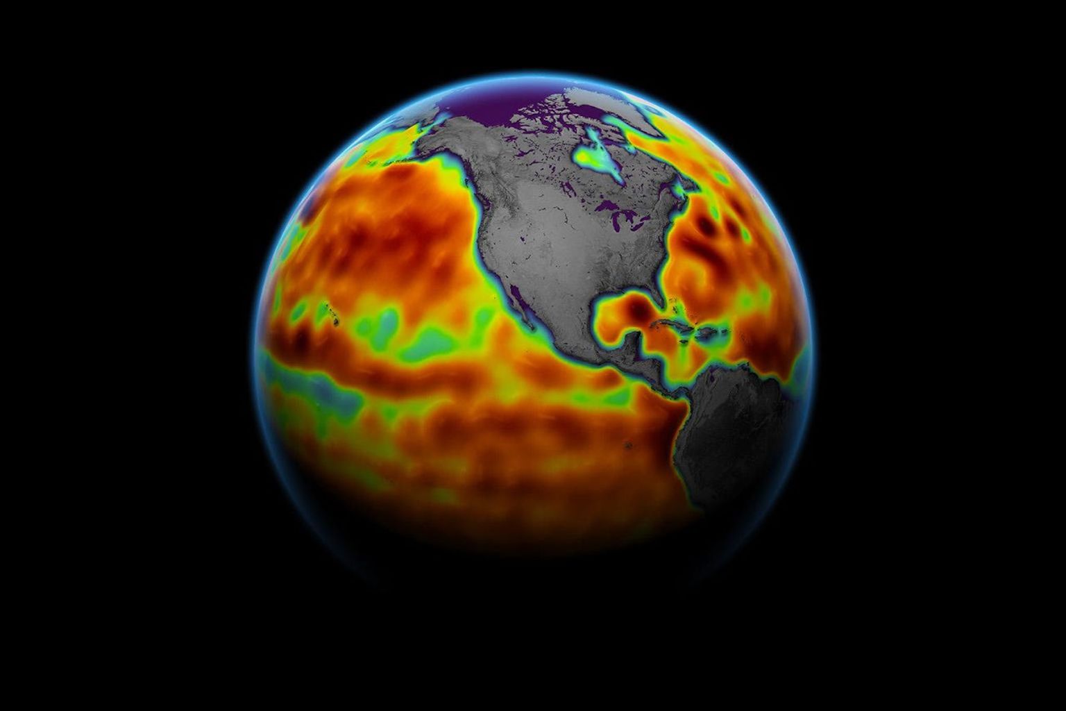 This map shows sea level measured by the Sentinel-6 Michael Freilich satellite from June 5 to15. Red areas are regions where sea level is higher than normal, and blue areas indicate areas where it's lower than normal.