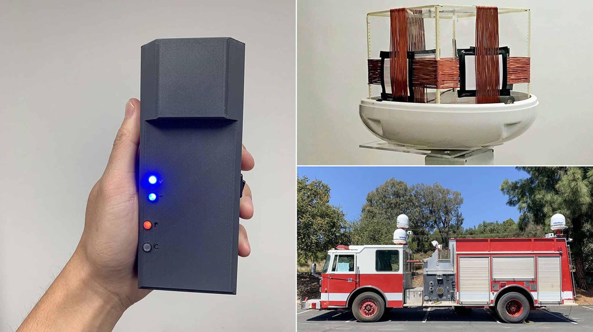 POINTER is composed of a receiver, transmitter, and base station. Clockwise from left: The receiver prototype is worn by firefighters and communicates with the transmitter coil, which was attached to an out-of-service firetruck for testing purposes.