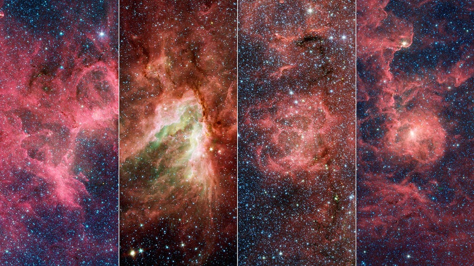 Shown here are the Eagle, Omega, Triffid, and Lagoon Nebulae, imaged by NASA's infrared Spitzer Space Telescope. These nebulae are part of a structure within the Milky Way's Sagittarius Arm that is poking out from the arm at a dramatic angle.