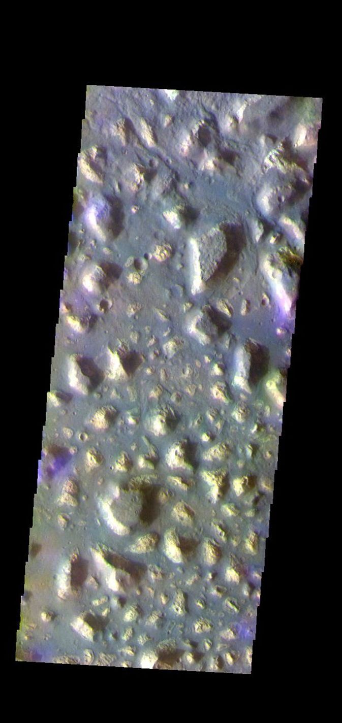 This image from NASA's Mars Odyssey shows part of Ariadnes Colles. The term colles means hills or knobs. The hills appear brighter than the surrounding lowlands, likely due to relatively less dust cover.
