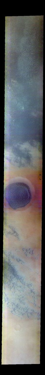 This image from NASA's Mars Odyssey shows part of the dune field called Aspledon Undae and a crater filled with a large sand sheet. Aspledon Undae is located in Vastitas Borealis, near the north polar ice cap.