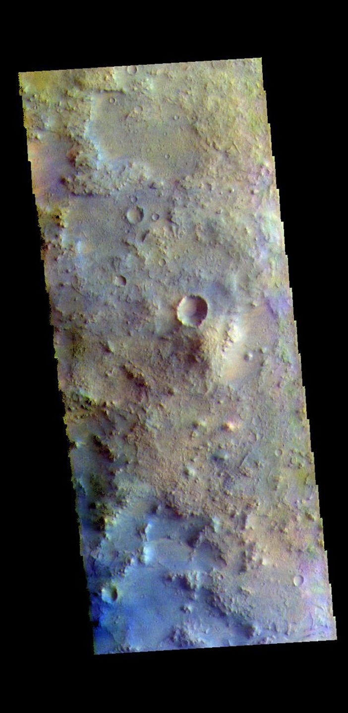 This image from NASA's Mars Odyssey shows part of Terra Sabaea. Dark blue tones in this filter combination indicate basaltic sands.