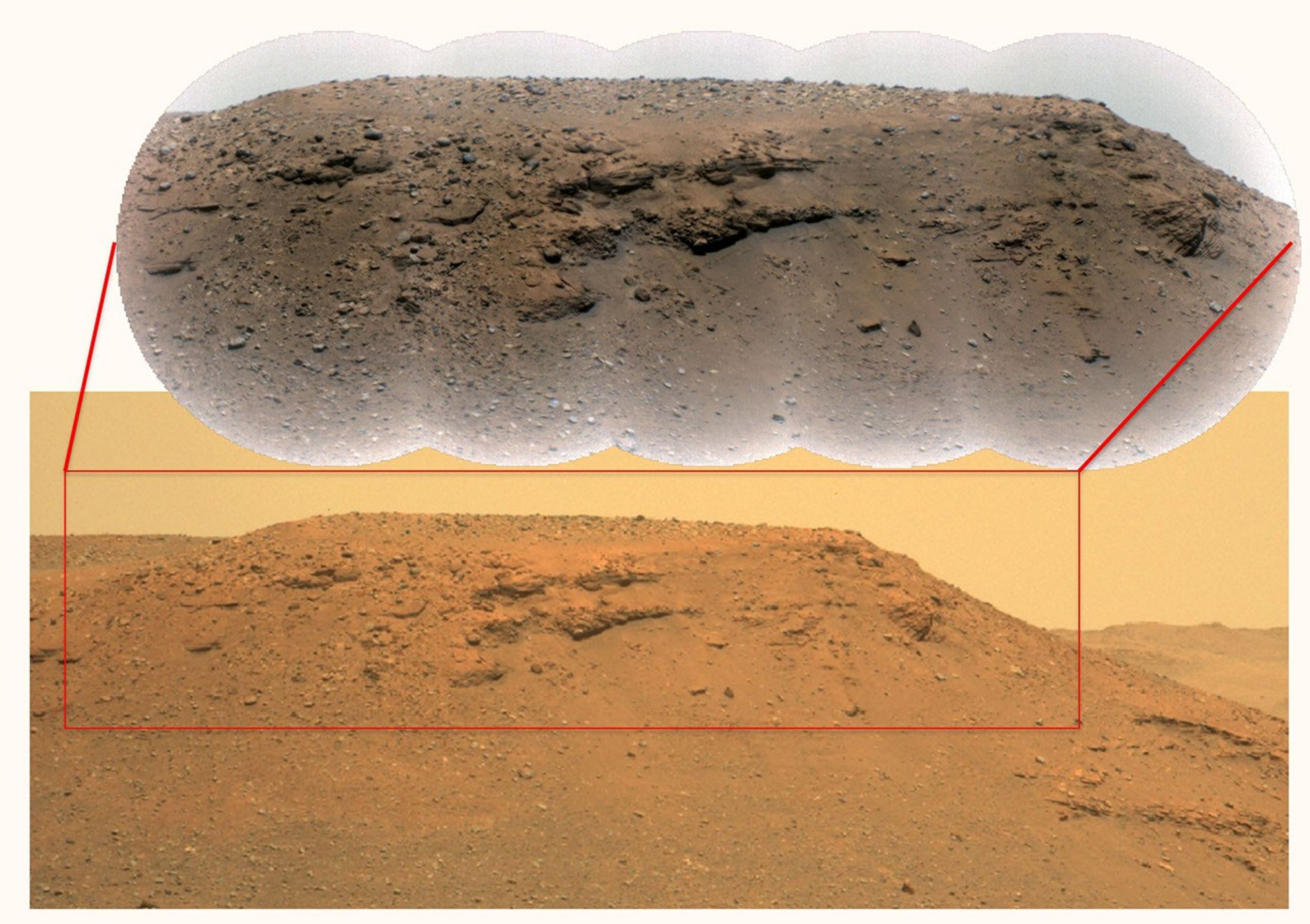 This composite image of Jezero Crater's Delta Scarp was generated using data from the Perseverance rover's Remote Microscopic Imager and Mastcam-Z camera.