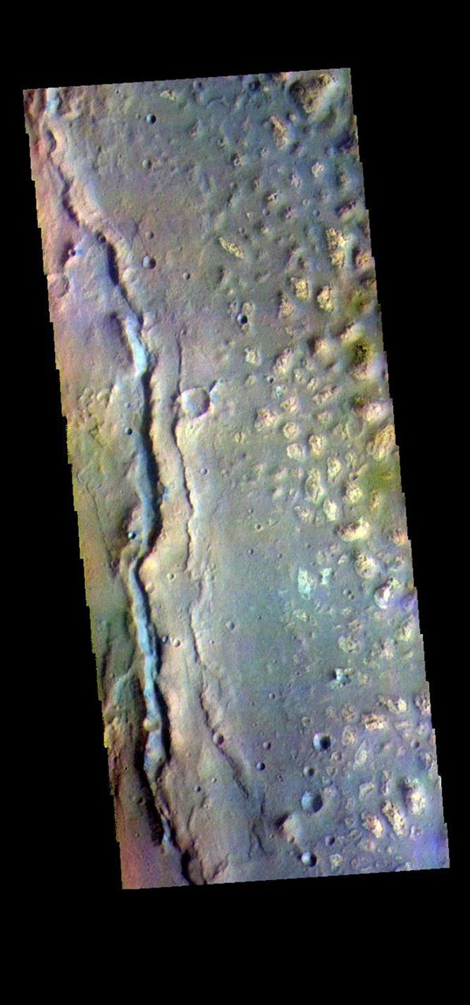 This image from NASA's Mars Odyssey shows part of Ariadnes Colles. The term colles means hills or knobs.