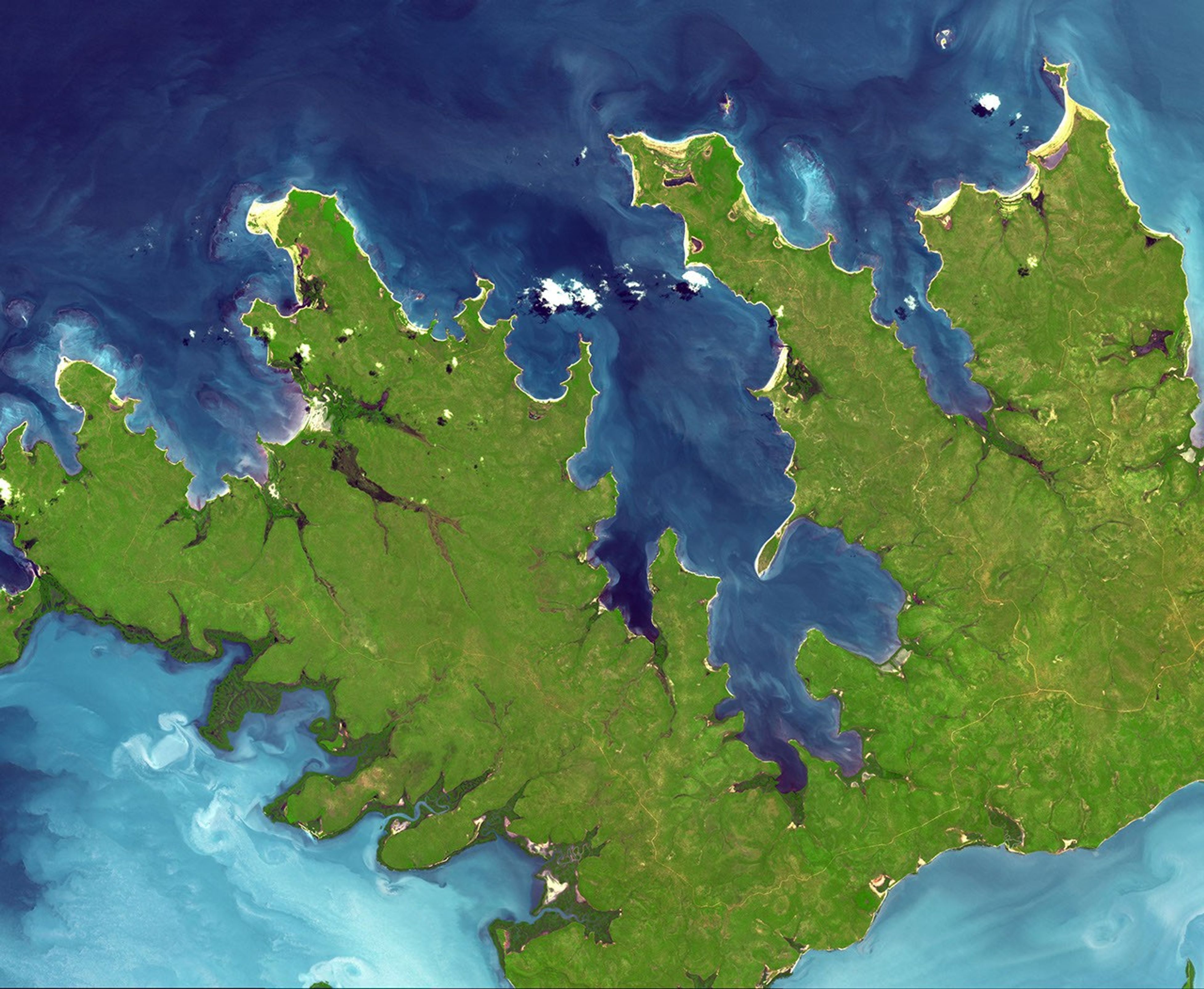 NASA's Terra spacecraft shows the northern tip of Northern Territory, Australia, with the Garig Gunak Barlu National Park spanning the entire Cobourg Peninsula.