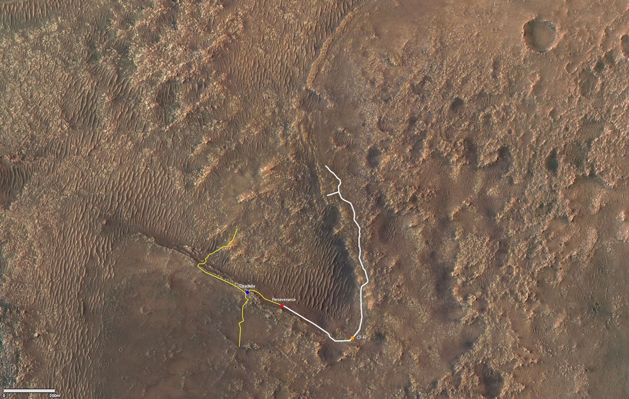 This annotated image depicts the ground track of NASA's Perseverance rover since it arrived on Mars on February 18, 2021.
