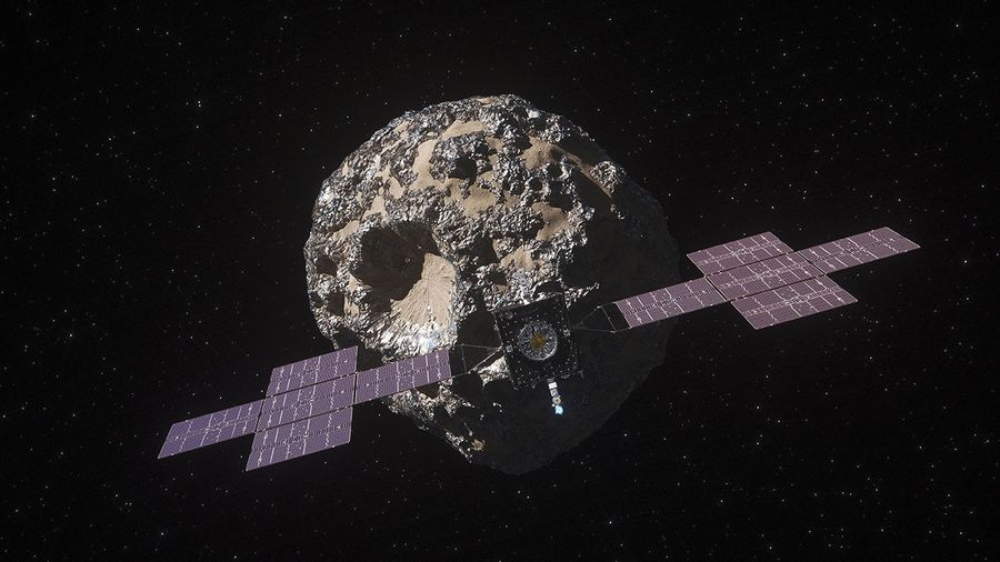 This illustration, updated in April 2022, depicts NASA's Psyche spacecraft. Set to launch in August 2022, the Psyche mission will explore a metal-rich asteroid of the same name.