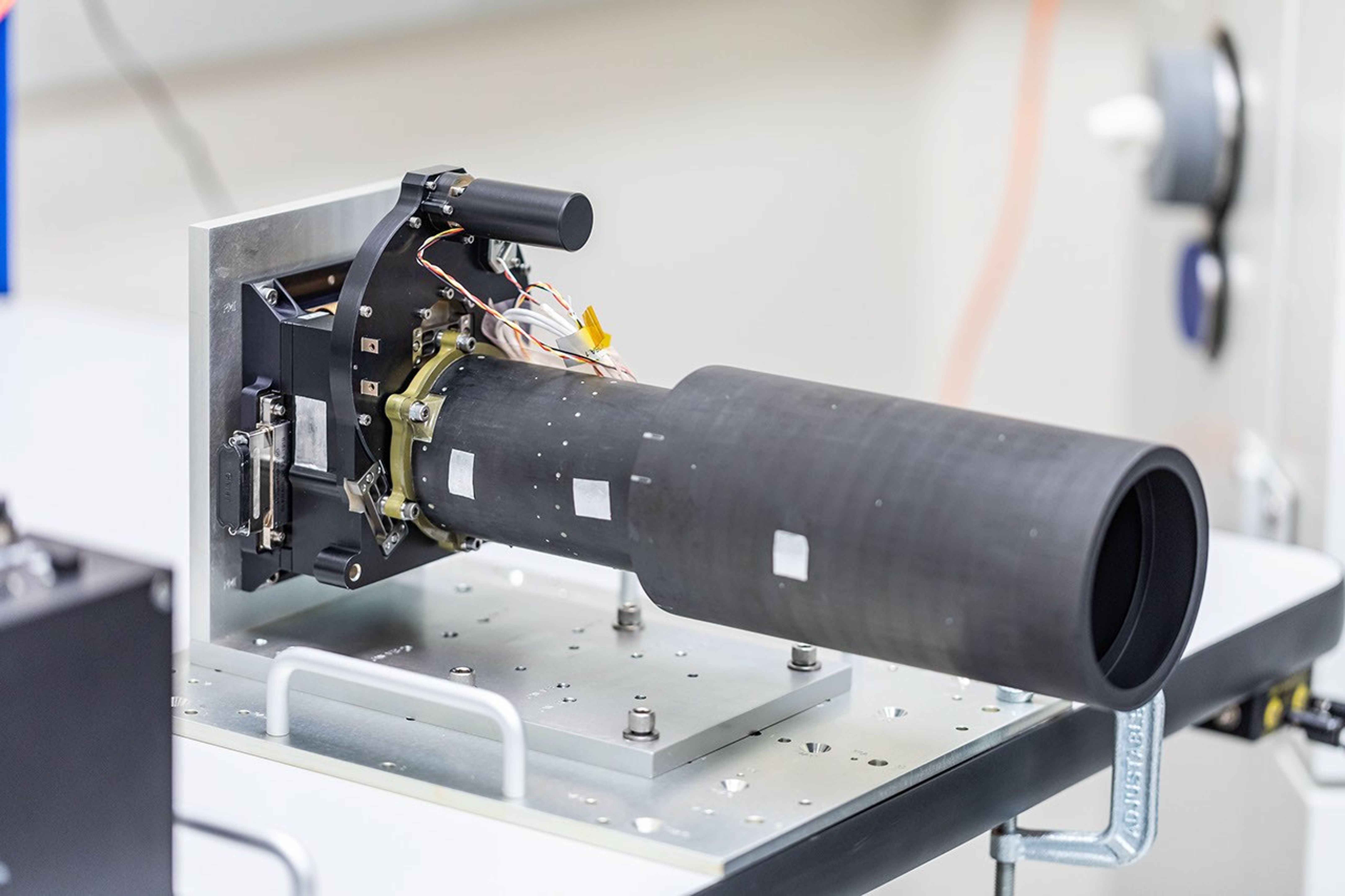 This photo shows Psyche's multispectral imager, in the process of assembly and testing on September 13, 2021, at Malin Space Science Systems in San Diego, California.