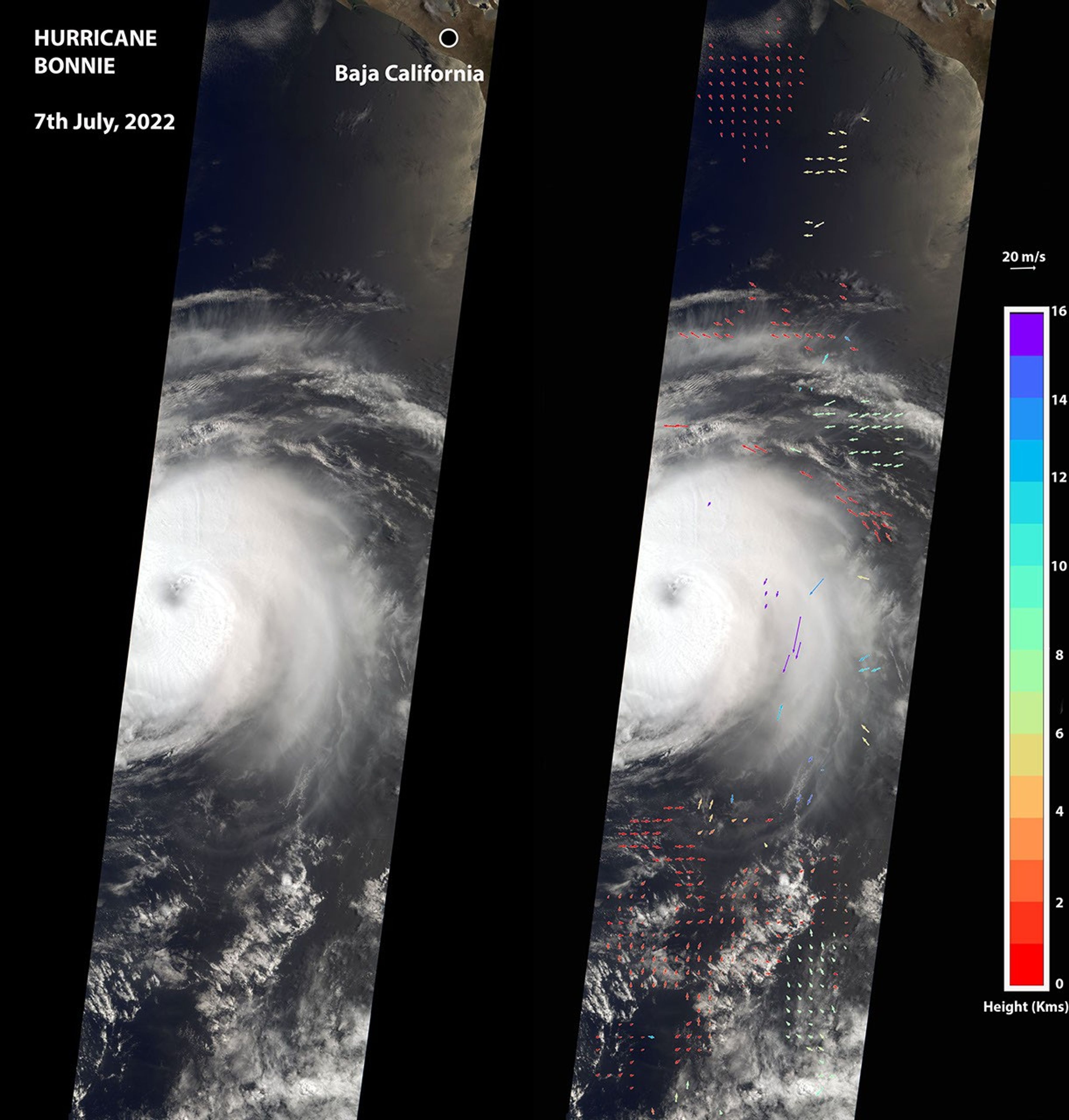 NASA's MISR instrument captured captured this image of the eye of Hurricane Bonnie, located about 500 miles (800 kilometers) southwest of the southern tip of Baja California, Mexico, on July 7, 2022.